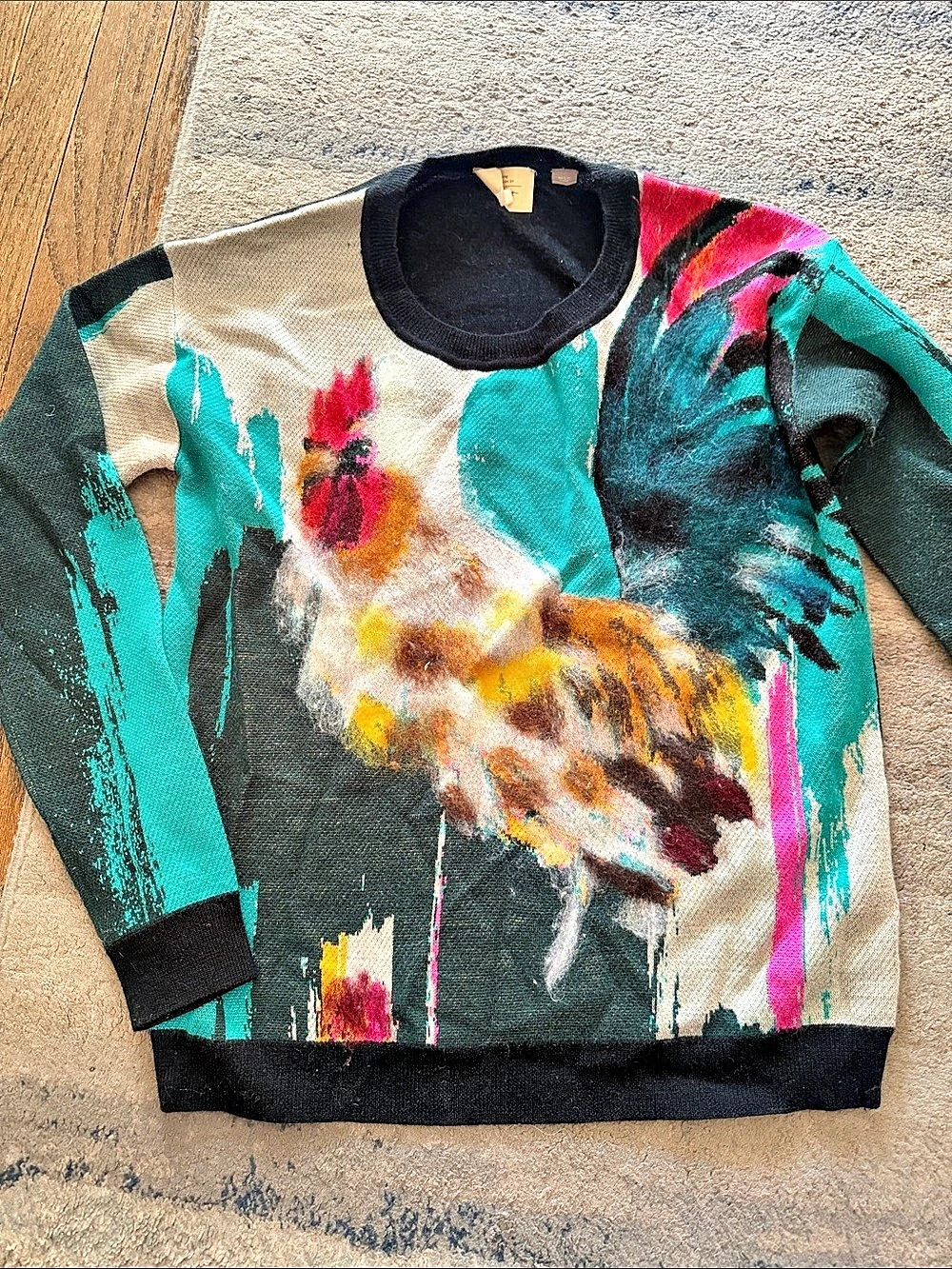 Anthropologie Lauren C Walcott Rooster Sweater Black & Turquoise Medium